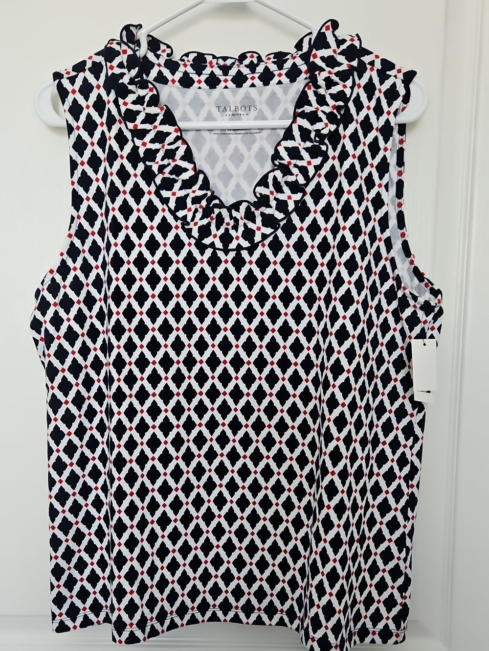 Talbots Navy White and Red Geometric Ruffle V-Neck Camisole